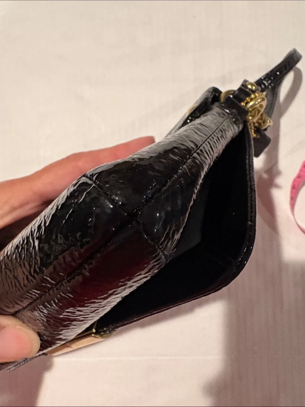 Coach Kristen Black Patent Leather Wristlet Phone Pouch with Gold Hardware